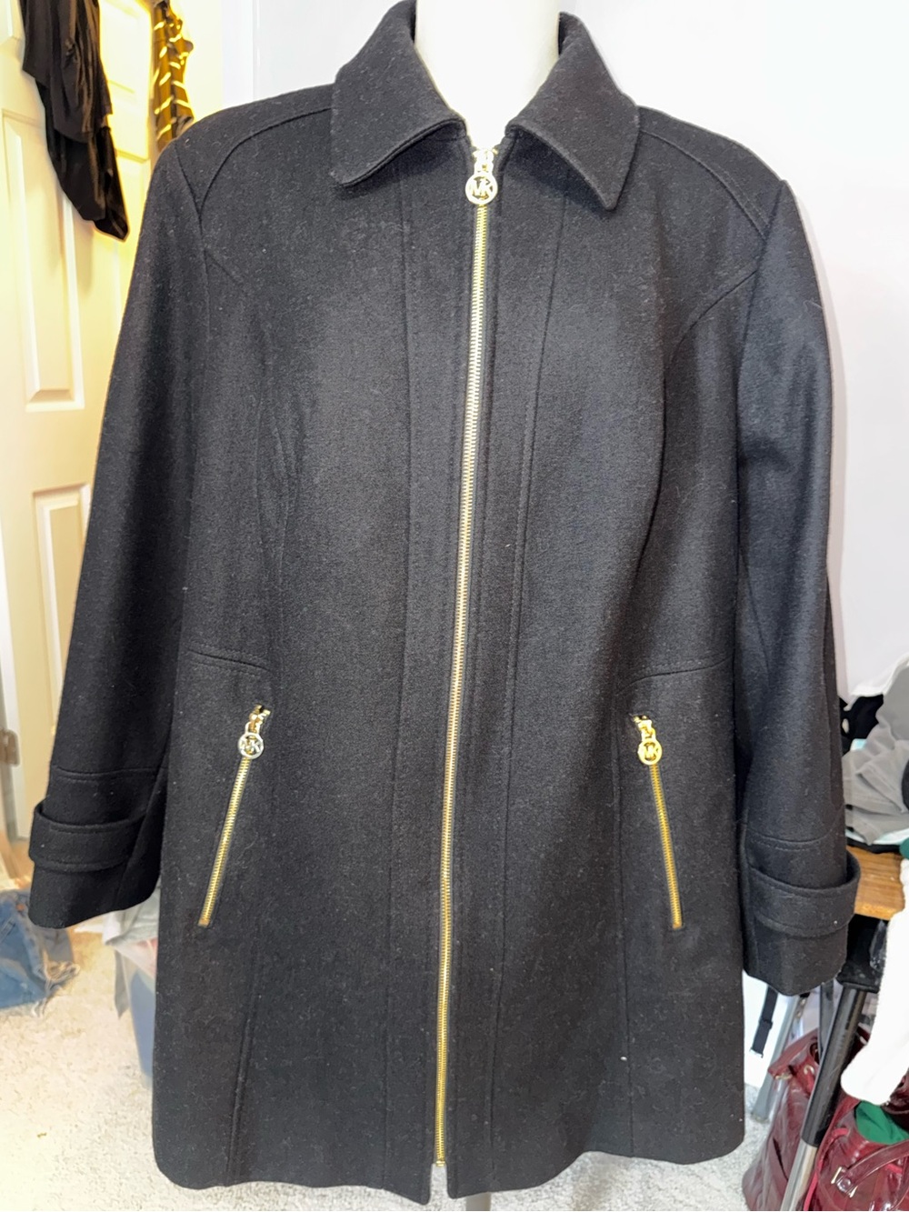 Michael Kors Black Wool-Blend Zip Front Pea Coat with Gold Hardware